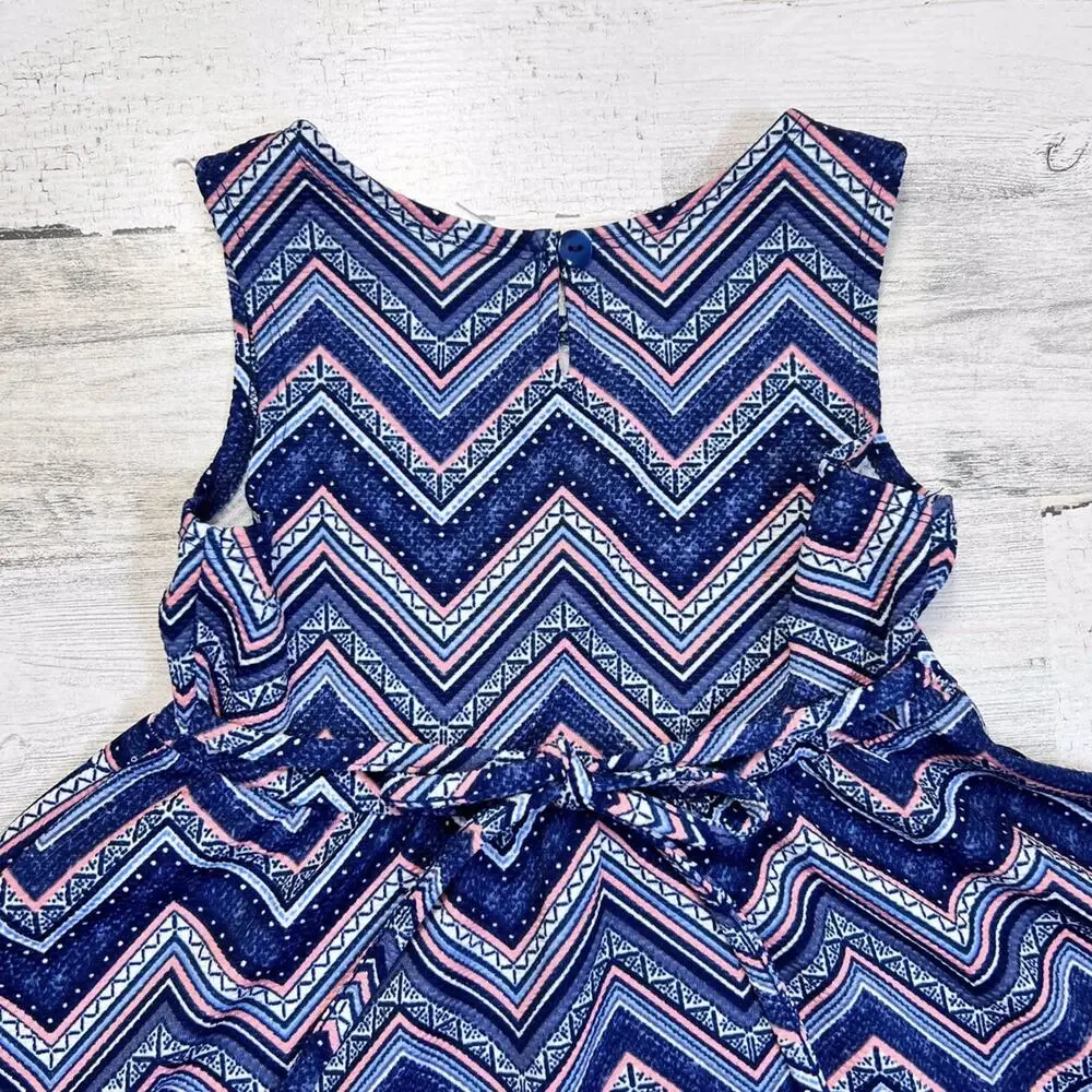 Sweet Heart Rose Dress Girls Size 5 Blue Chevron Twirl Sleeveless Tie Back Flare